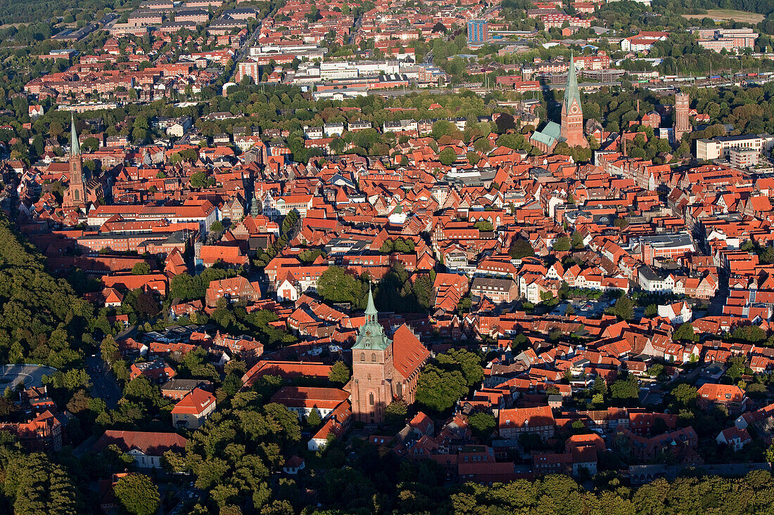 Blick auf die Altstadt mit den Kirchen St. Nicolai und St. Michaelis, Lüneburg, Niedersachsen, Deutschland