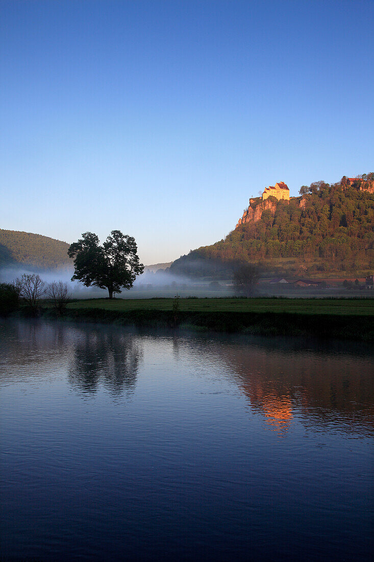 View over Dabube to Werenwag castle, Natur park Obere Donau, Swabian Alp, Baden-Wuerttemberg, Germany