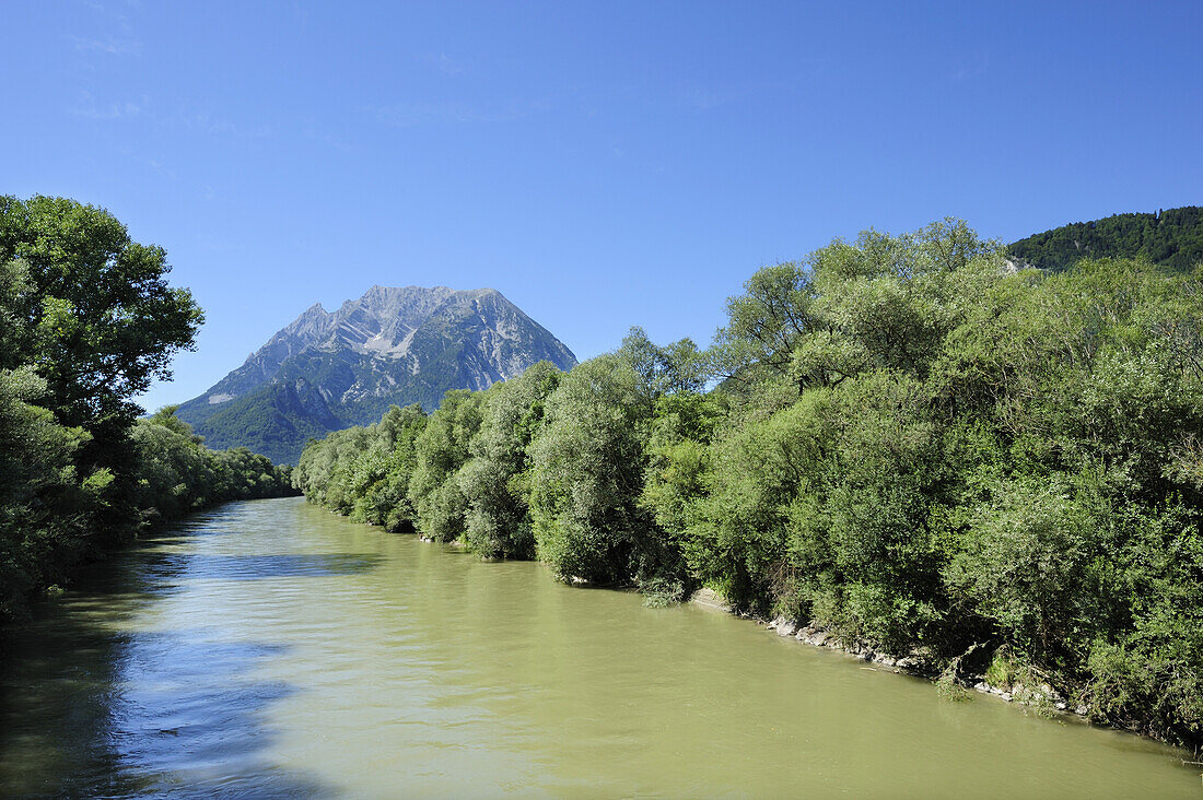 River Enns with Grimming in background, valley of Ennstal, Ennstal bicycle route, Liezen, Styria, Austria