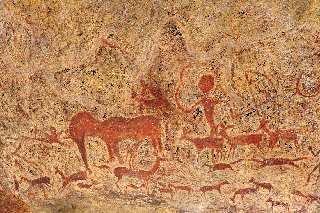 Reconstruction of prehistoric petrograph with hunter, gazelles and elephant, Bull´s Party, Ameib, Erongo mountains, Namibia