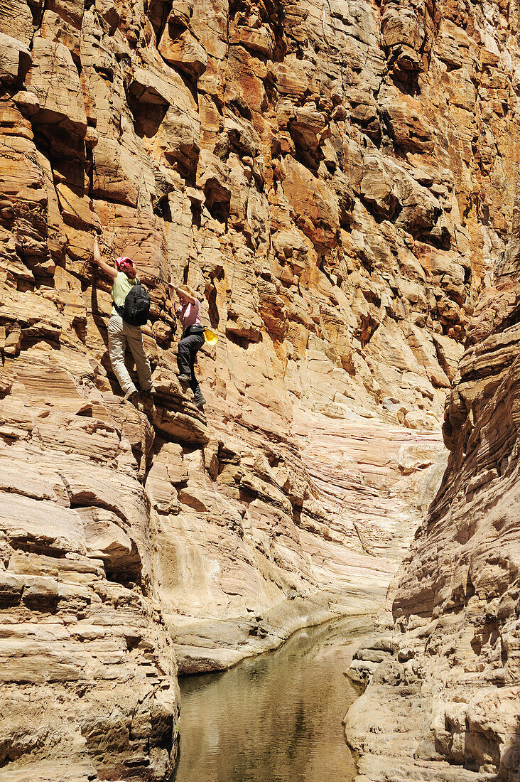 Two women crossing canyon with waterpool at chain, Olive trail, Naukluft mountains, Namib Naucluft National Park, Namibia