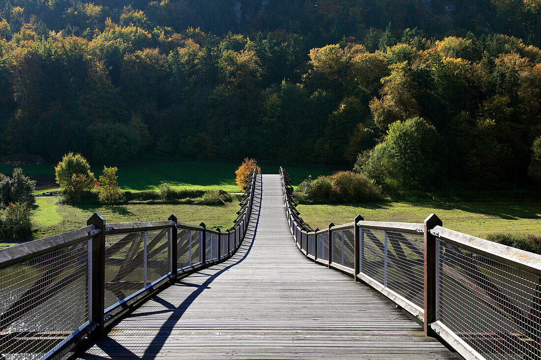 Wood bridge, near Essing, nature park Altmühltal, Franconian Alb, Franconia, Bavaria, Germany