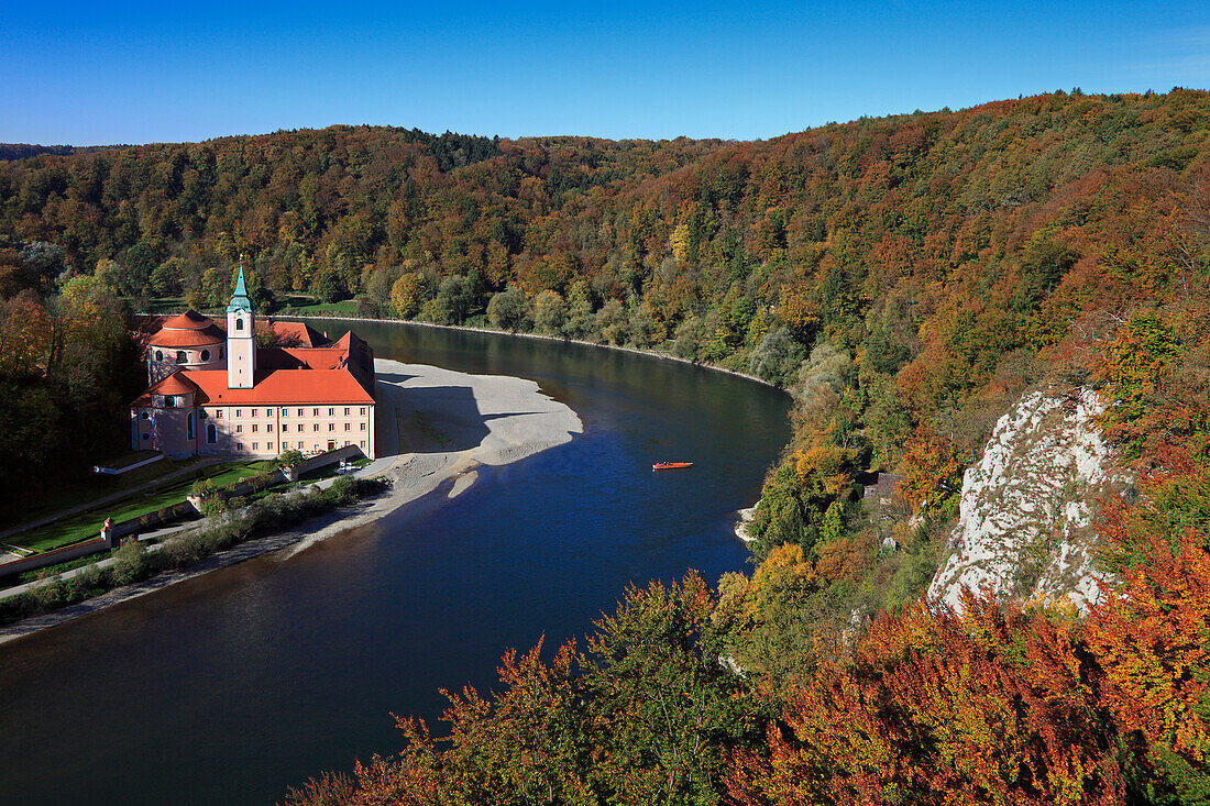 Blick auf die Donauschleife am Kloster Weltenburg, Donau, Bayern, Deutschland