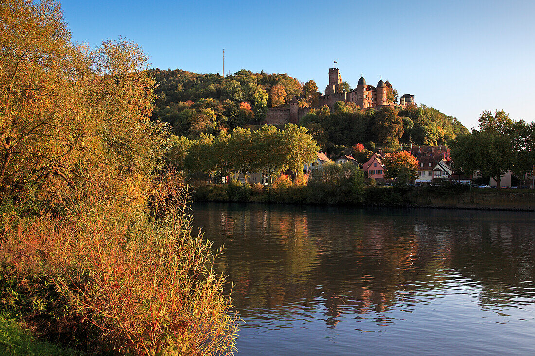 View over the Main river to the castle, Wertheim, Main river, Spessart, Baden-Württemberg, Germany