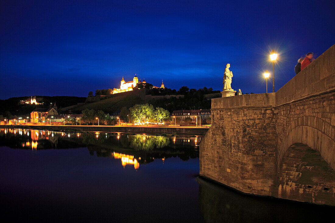View from the old Main bridge to Marienberg castle, Würzburg, Main river, Franconia, Bavaria, Germany