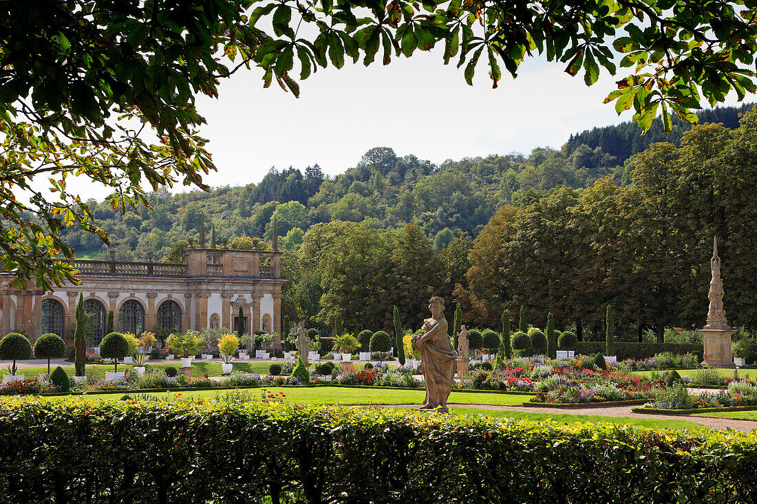View to the orangery at the palace gardens, Weikersheim, Tauber valley, Romantic Road, Baden-Wurttemberg, Germany