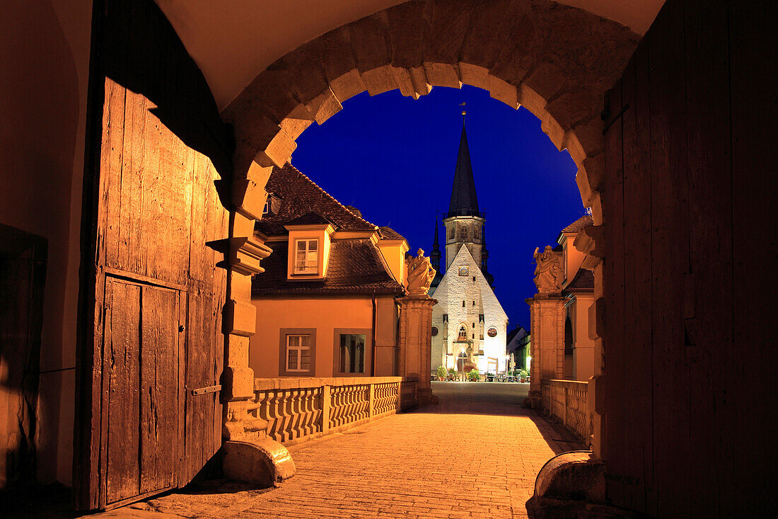 View to town church of St. George at night, Weikersheim, Tauber valley, Baden-Wuerttemberg, Germany