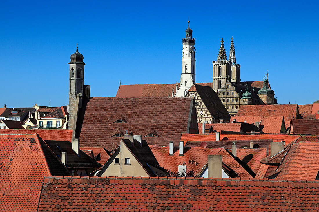 View over the city to St. Johannis church, the tower of the town hall and to St. Jakob church, Rothenburg ob der Tauber, Tauber valley, Romantic Road, Franconia, Bavaria, Germany