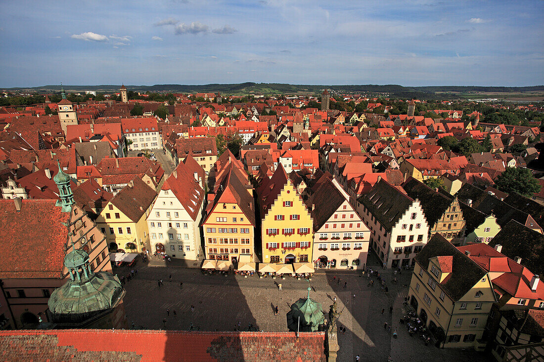 View from the tower of the town hall to the marketplace, Rothenburg ob der Tauber, Tauber valley, Romantic Road, Franconia, Bavaria, Germany