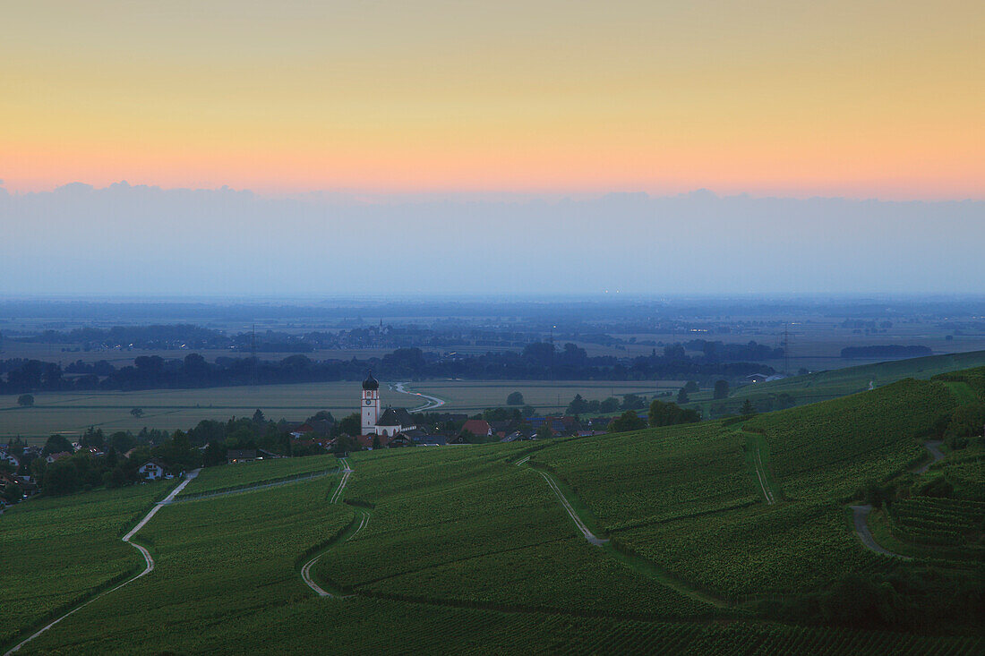 View over the vineyards of Kirchofen to the plains of the Rhine river, Breisgau, Breisgau-Hochschwarzwald, Black Forest, Baden-Württemberg, Germany