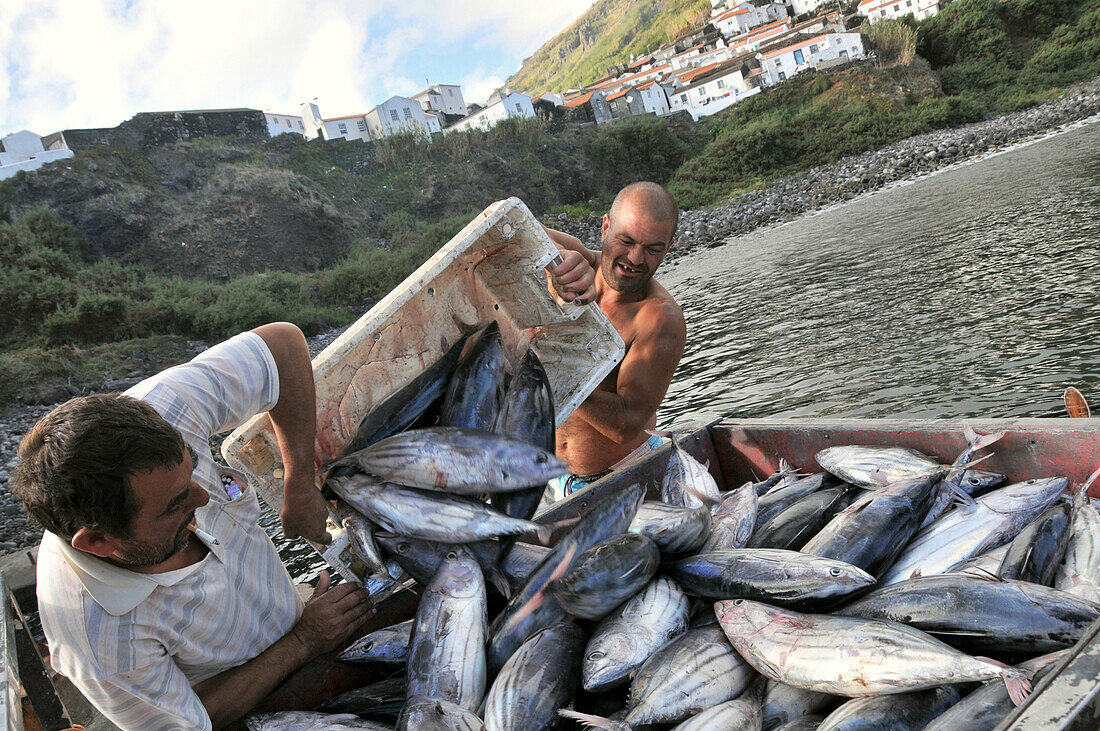 Fishermen and their catch at the harbour of Vila Nova, Island of Corvo, Azores, Portugal, Europe
