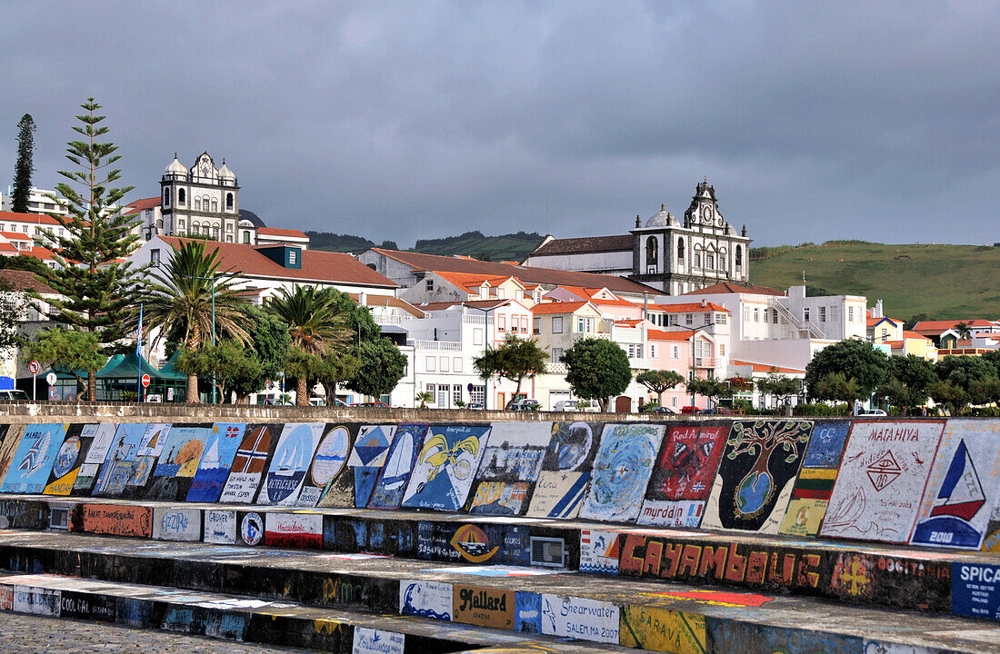 Painted wall at marina, Horta, Island of Faial, Azores, Portugal, Europe