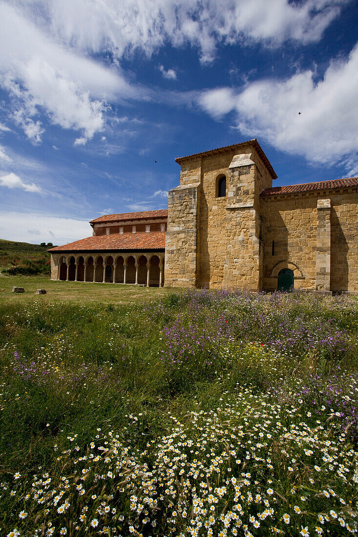 View at the monastery Monasterio de San Miguel de Escalada in the sunlight, Province of Leon, Old Castile, Castile-Leon, Castilla y Leon, Northern Spain, Spain, Europe