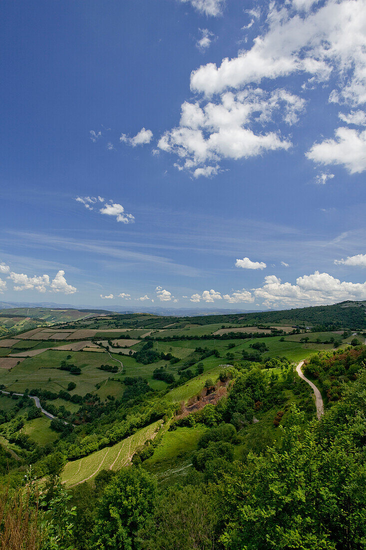 Grüne Landschaft unter Wolkenhimmel, Provinz Lugo, Galicien, Nordspanien, Spanien, Europa