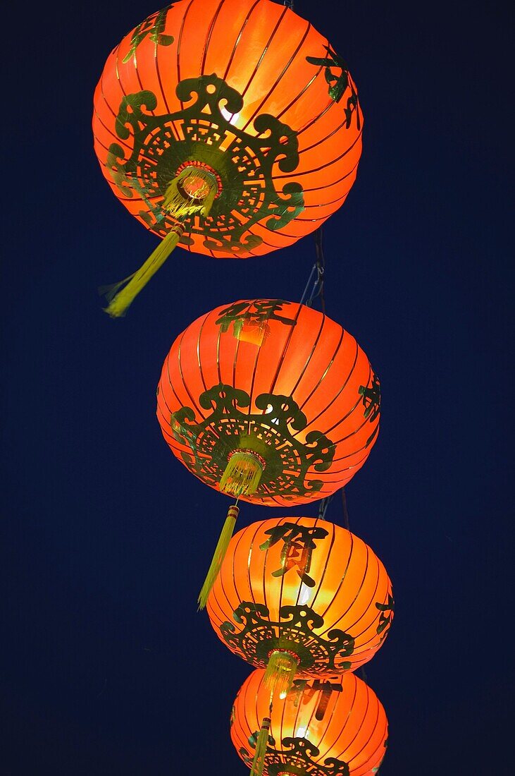 lanterns hanging at at a temple during Chinese New Year in Bangkok Thailand