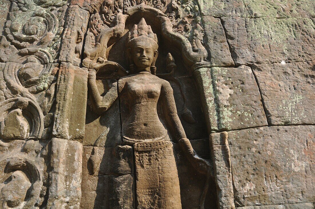 Angkor (Cambodia): apsara relief at the Ta Prohm