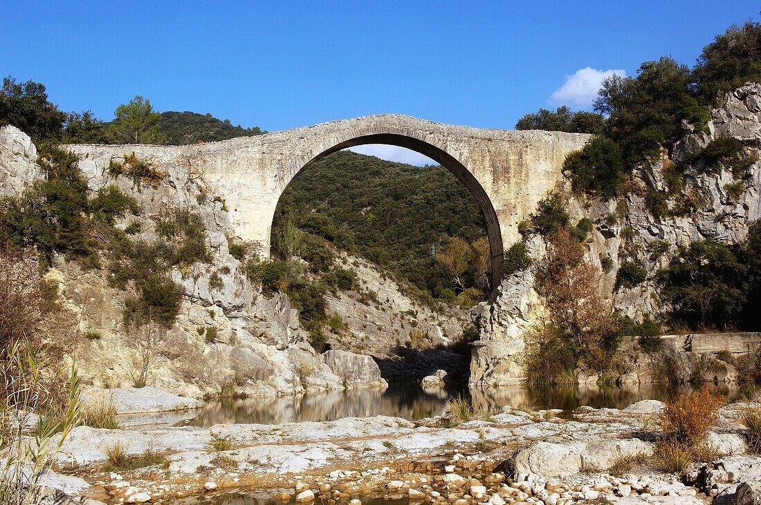 medieval bridge over the river Llierca, Garrotxa, Girona, Catalonia, Spain