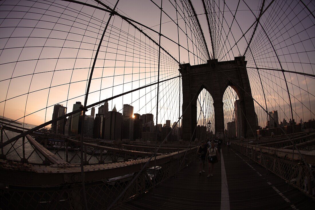 View of the Brooklyn Bridge at sunset, Manhattan, New York, USA