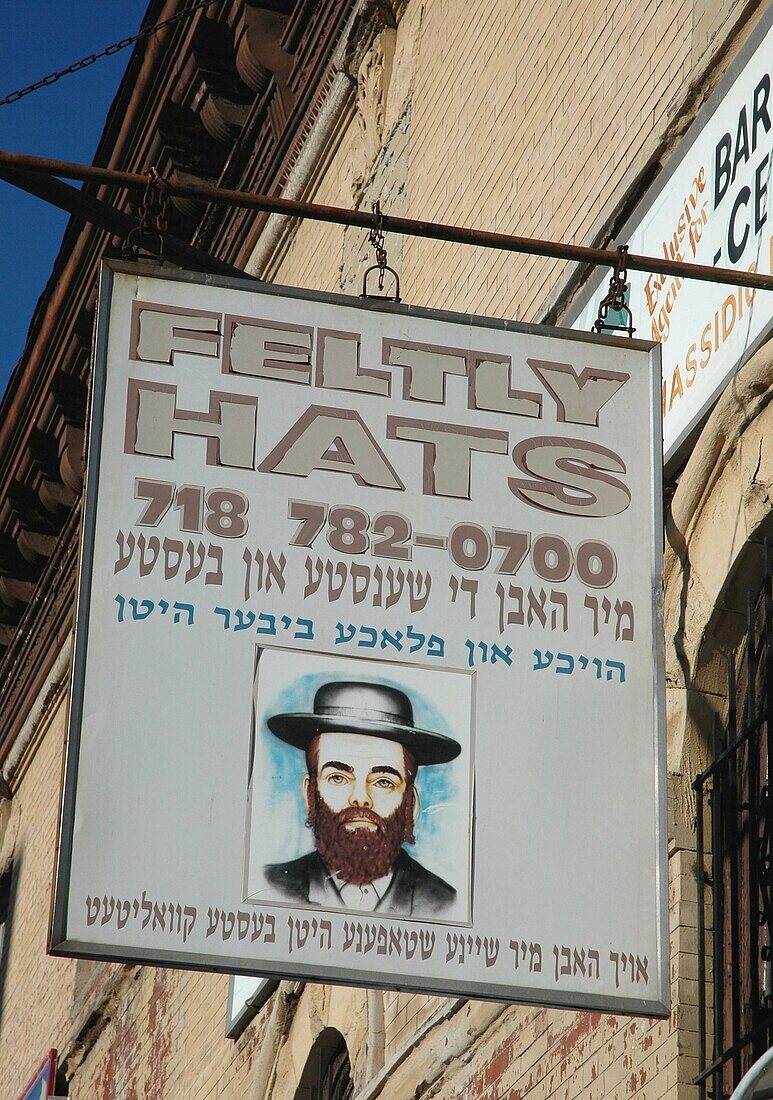 New York City, USA, a hats shop sign for Jewish people in Crown Heights, Brooklyn
