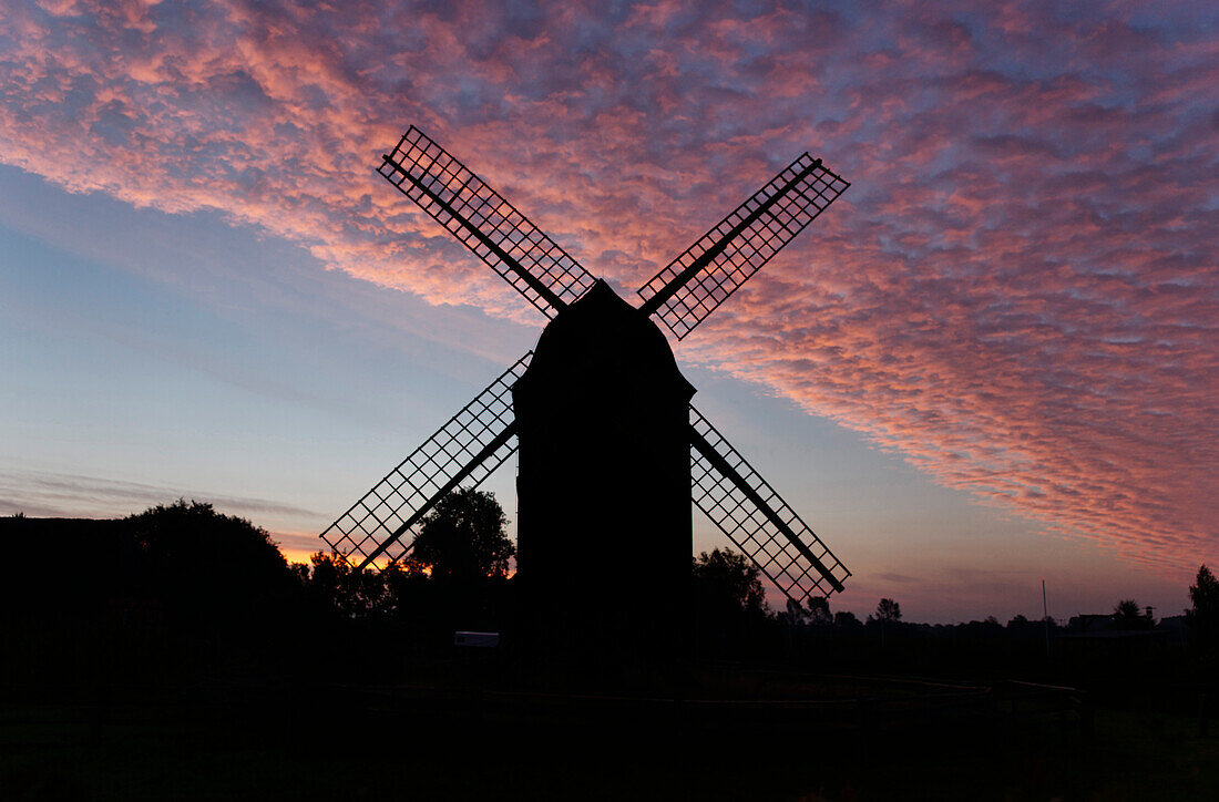 Post windmill Gross Ernsthof in dawn, Open-Air Museum Klockenhagen, Mecklenburg-Vorpommern, Germany