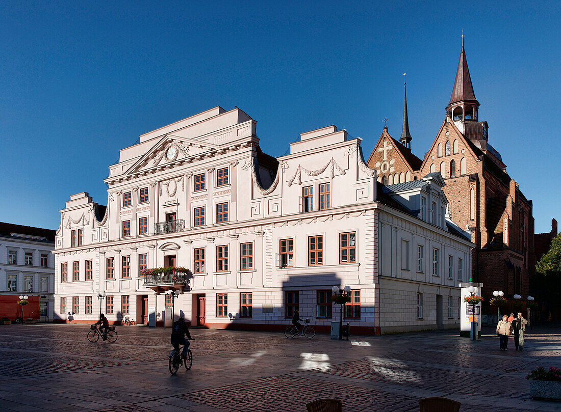 City hall and parish church near market, Guestrow, Mecklenburg-Vorpommern, Germany