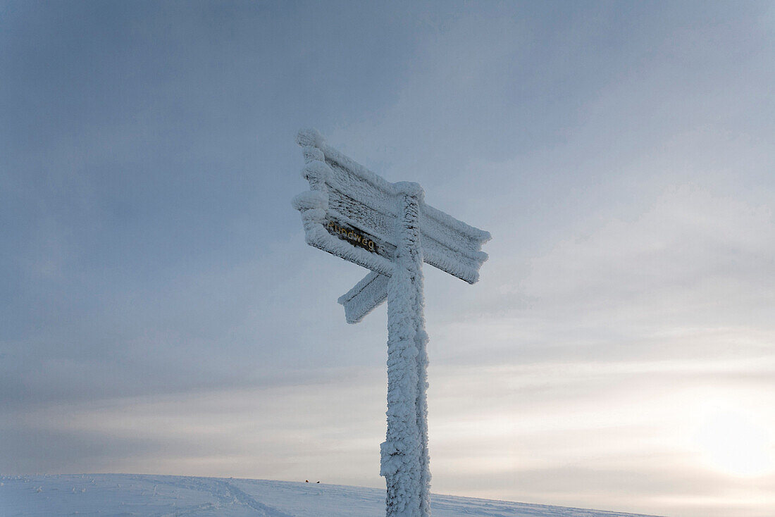 Snow- covered signpost, near Gersfeld, Wasserkuppe, low mountain range, Rhoen, Hesse, Germany