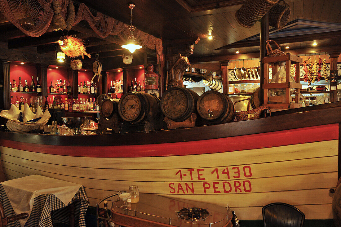 Decoration with boat and wine cask, In the restaurant El Monasterio, Los Realejos, Tenerife, Canary Islands, Spain