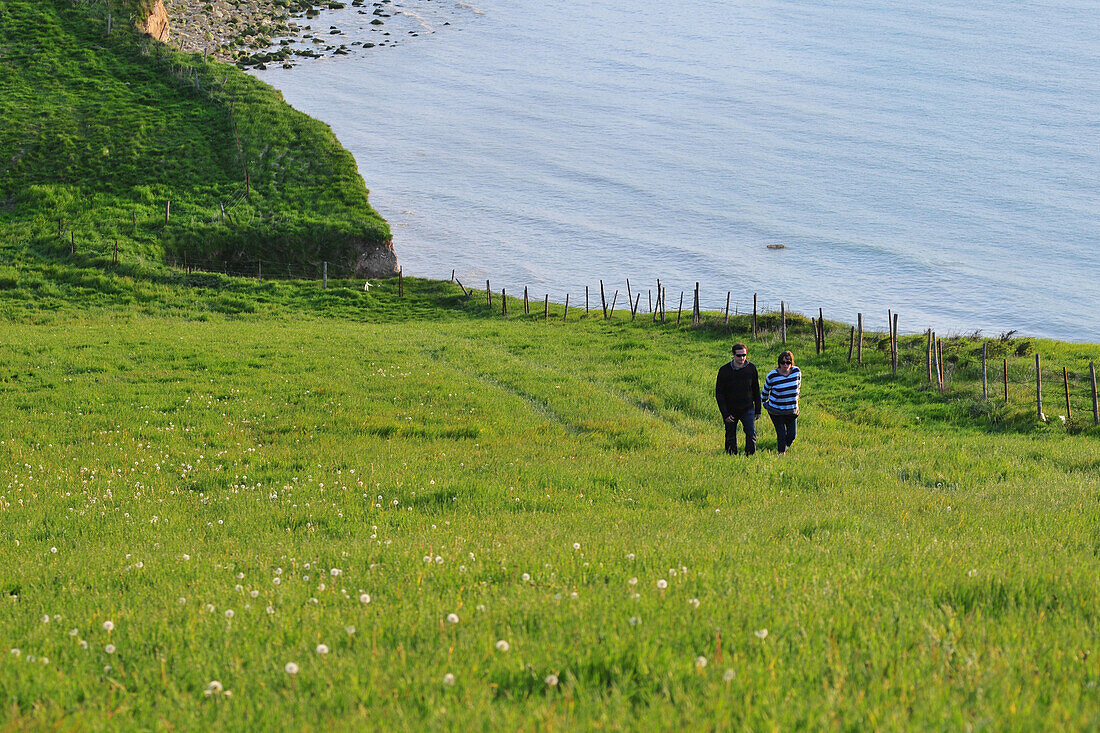 Couple Walking On The Cliffs Of Ault, Somme (80), Picardy, France