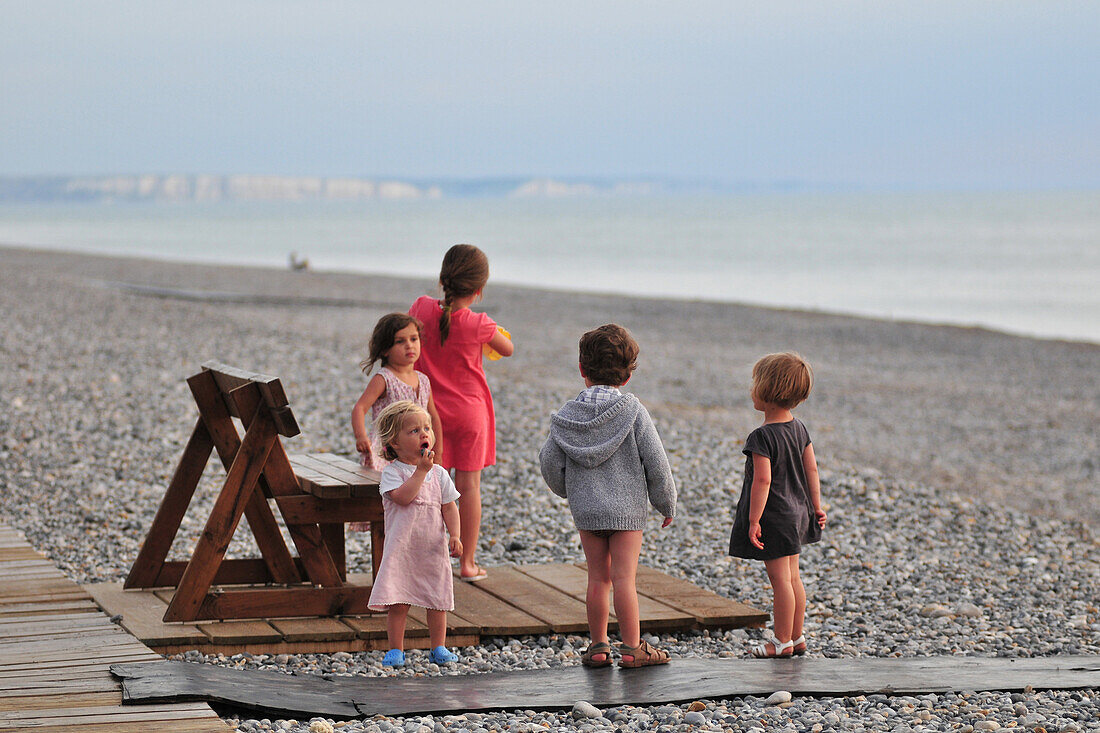Children On A Shingle Beach, Somme (80), Picardy, France