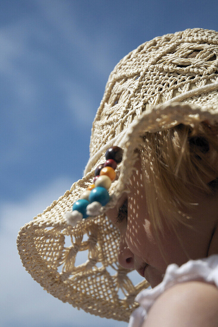 Little Girl Wearing A Straw Hat, Somme (80), Picardy, France