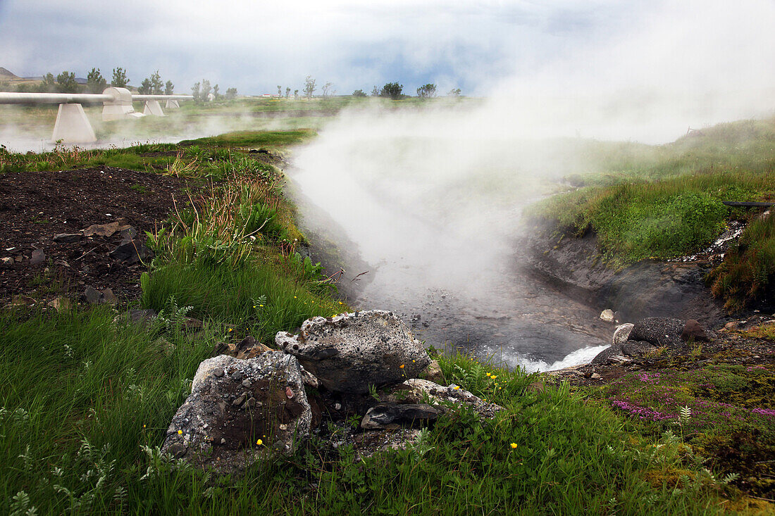 Pipeline On The Geothermal Site On The Reykholt Plain, Vapour, Europe, Iceland
