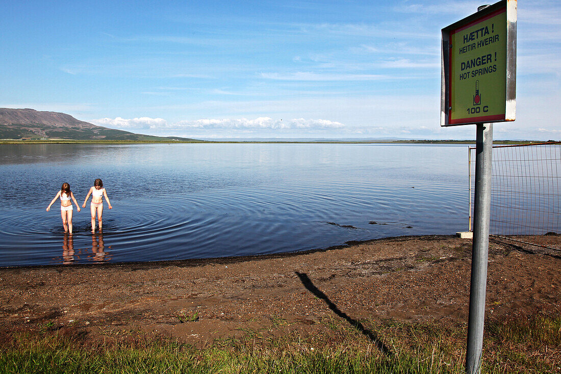 Laugarvatn Lake With People On The Bank Of Natural Steam Baths, Golden Circle, Southern Iceland, Europe, Iceland