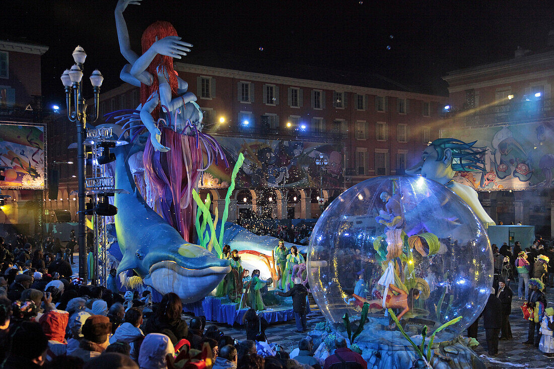 The Float Carrying The Queen Pregnant With The Earth (The Blue Planet), Parade Of Floats And Carnivalesque Characters On The Place Massena, Carnival Of Nice, Alpes-Maritimes (06), France