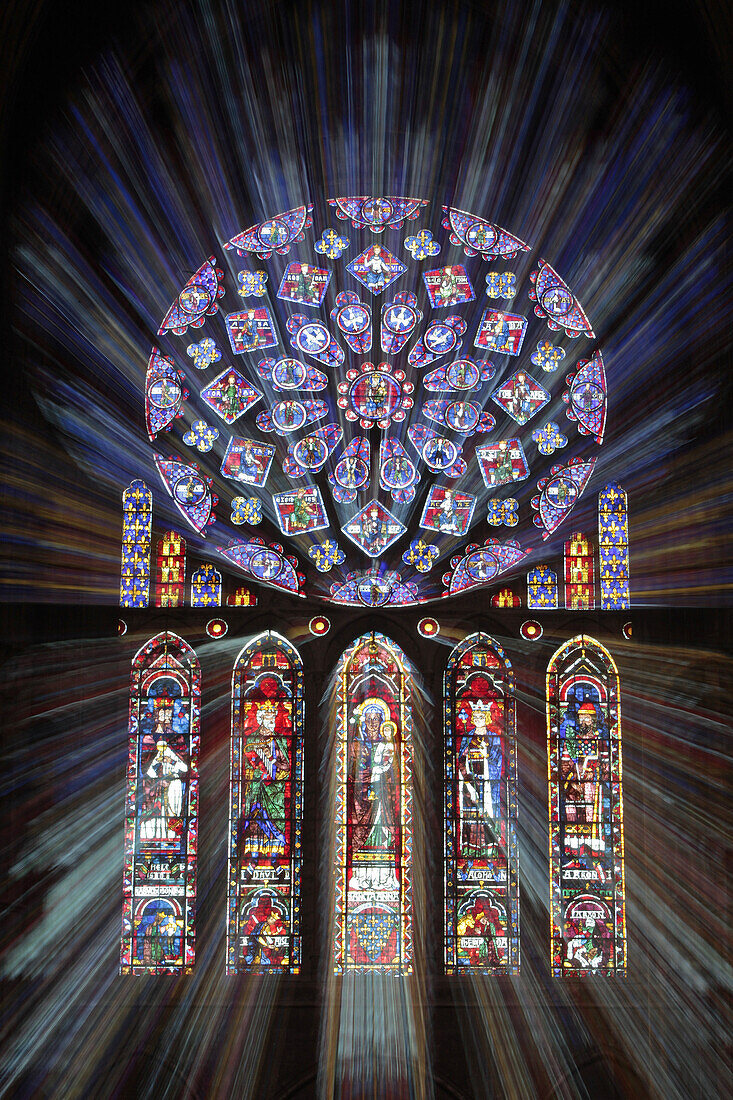 Stained Glass In The North Rose Window, Glorification Of The Virgin Mary And The 5 Lancets With Figures From The Old Testament And King David, Chartres Cathedral, Eure-Et-Loir (28), France