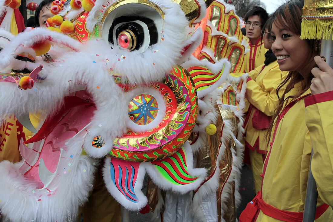 Parade Of Dragons And Young Woman In Traditional Costume During The Chinese New Year, 13Th Arrondissement, Paris (75), France
