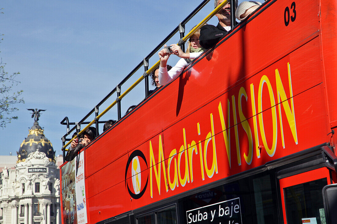 Tourists On The Sight-Seeing Bus 'Madrid Vision', Calle Alcala In Front Of The Metropolis Building, Madrid, Spain