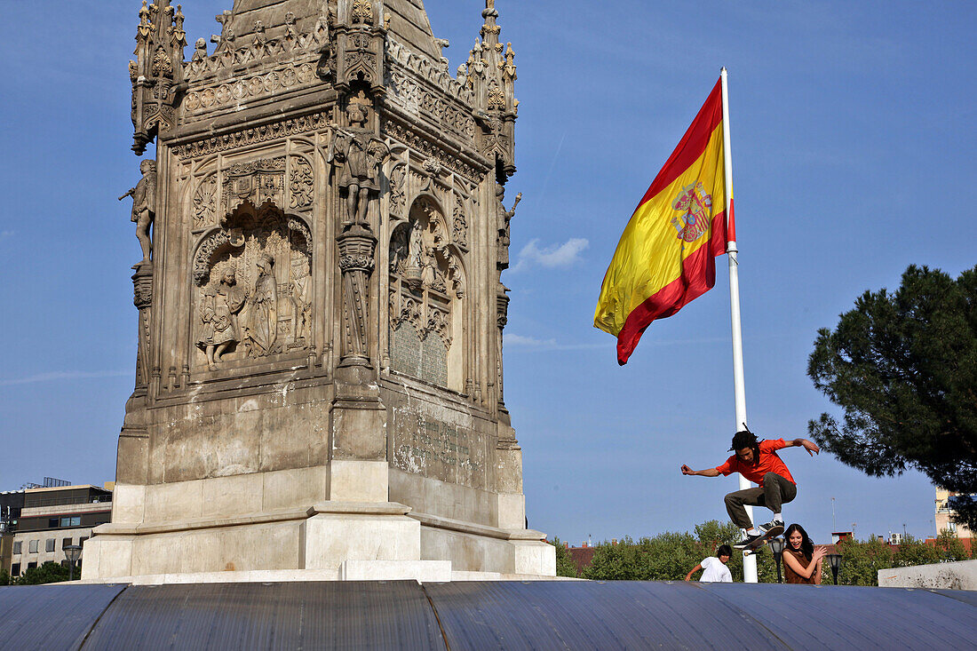 Skateboard In Front Of The Christopher Columbus Monument, Plaza De Colon, Madrid, Spain