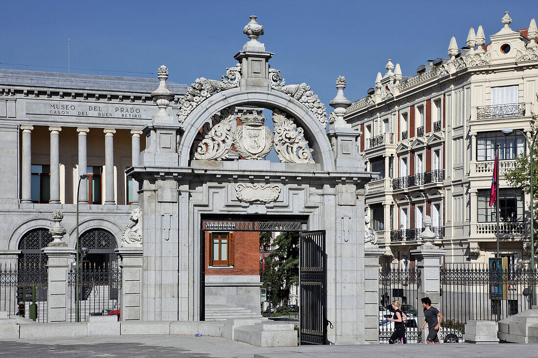 Prado Museum, Cason Del Buen Retiro And Sculpted Entrance Gate To The Parque Del Buen Retiro, Madrid, Spain