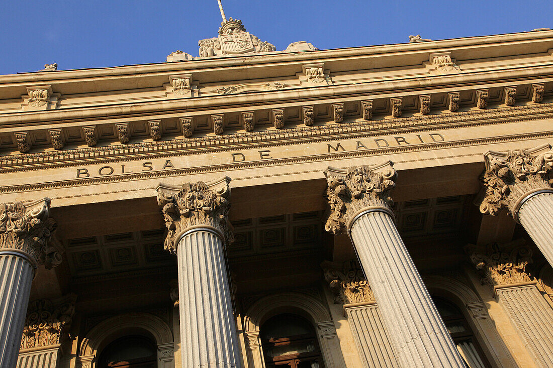 Facade Of The Madrid Stock Exchange With Its Columns, Madrid, Spain