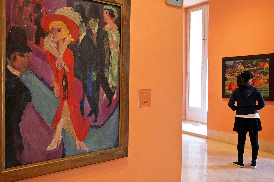 Painting By Ernst Ludwig Kirchner And A Young Woman In One Of The 18 Exhibition Halls, Thyssen-Bornemisza Museum (Museo) Of Fine Arts, Madrid, Spain