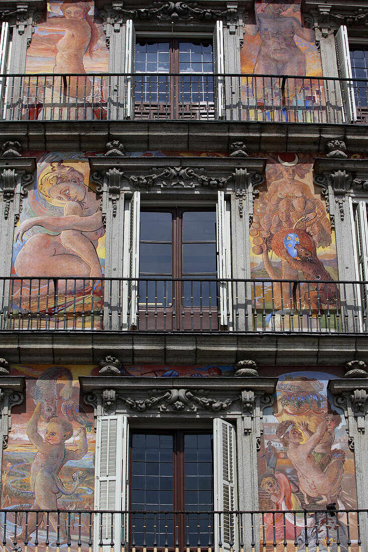 Detail Of The Painted Facade Of The Panaderia, Plaza Mayor, Madrid, Spain