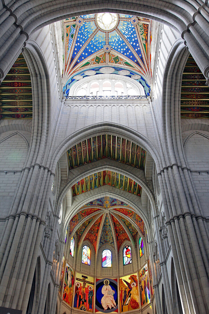 Painting 'Cristo De La Buena Muerte' And Neo-Gothic Ceiling Of The Cathedral Of La Almudena, Its Construction Started In 1883 By The Architect Francisco De Cubas, Madrid, Spain