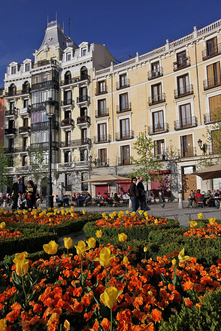 Garden And Apartment Buildings, Plaza Oriente, Madrid, Spain