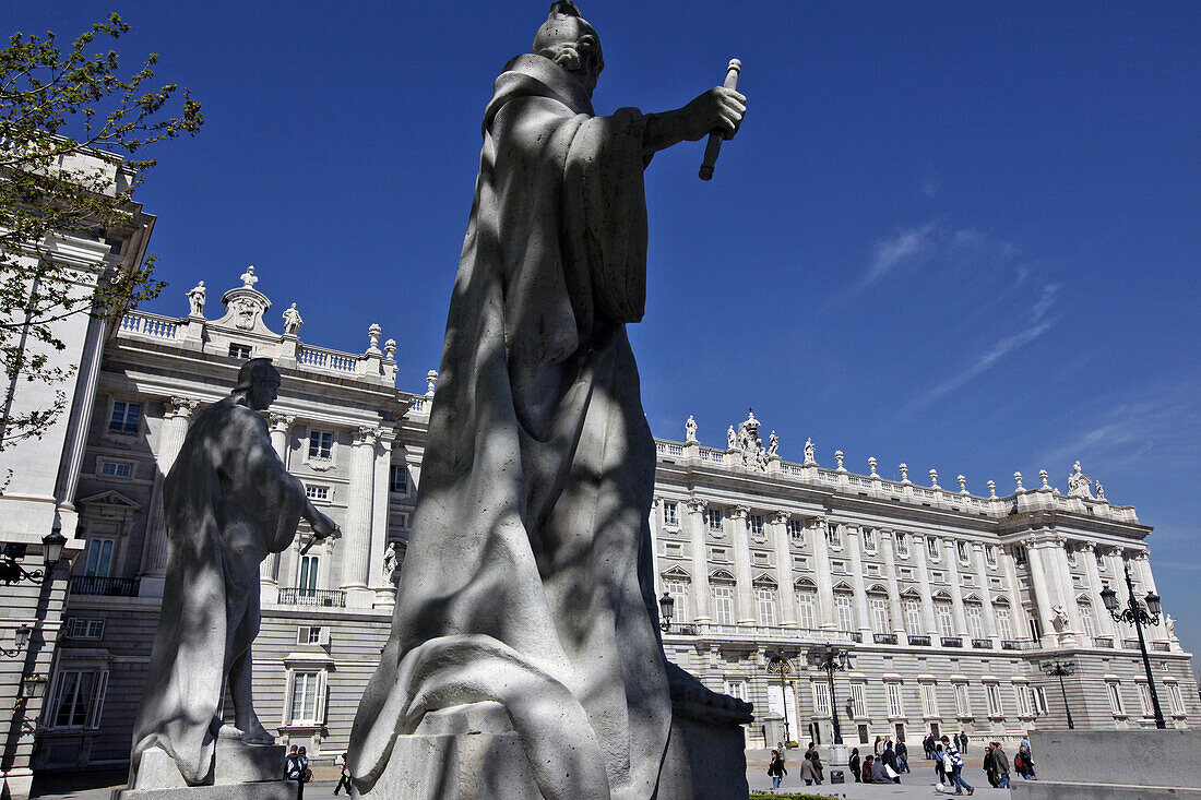 Statues Of The Kings Of Spain In Front Of The Royal Palace (Palacio Real), Plaza Oriente, Madrid, Spain