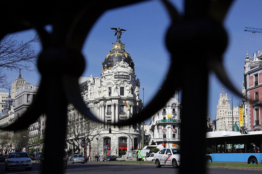 Metropolis Building From The Beginning Of The Century Surmounted By A Bronze Statue Of The Phoenix, Corner Of The Streets Calle Alcala And Gran Via, Madrid, Spain
