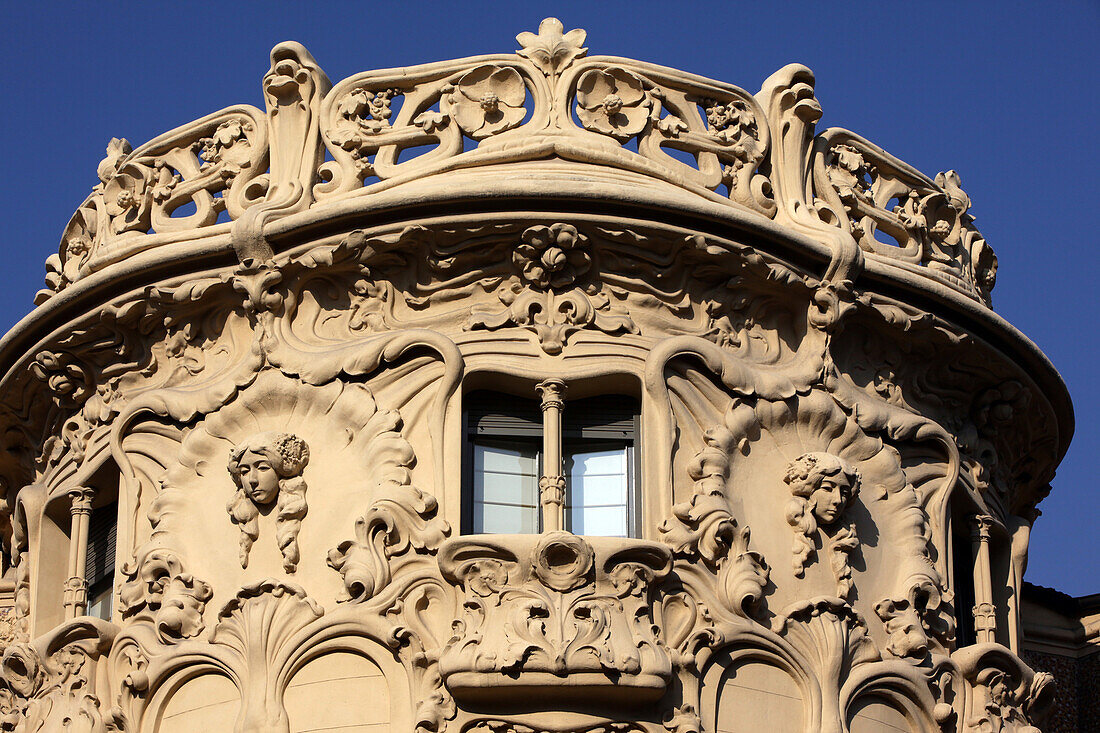 Detail Of The Baroque Facade Of The Building Of The Sociedad General De Autores Y Editores (Publishing Rights Society), La Longoria, Calle De Fernando Vi, Chueca, Madrid, Spain