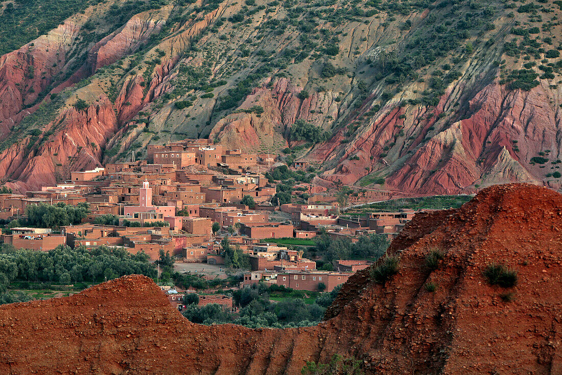 Red Earthen Houses In The Berber Village Of Oughal, Terres d'Amanar, Al Haouz, Morocco