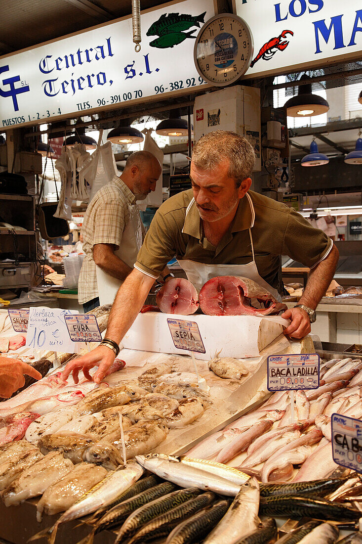 Fishmonger, market hall Mercado Central, Province Valencia, Valencia, Spain