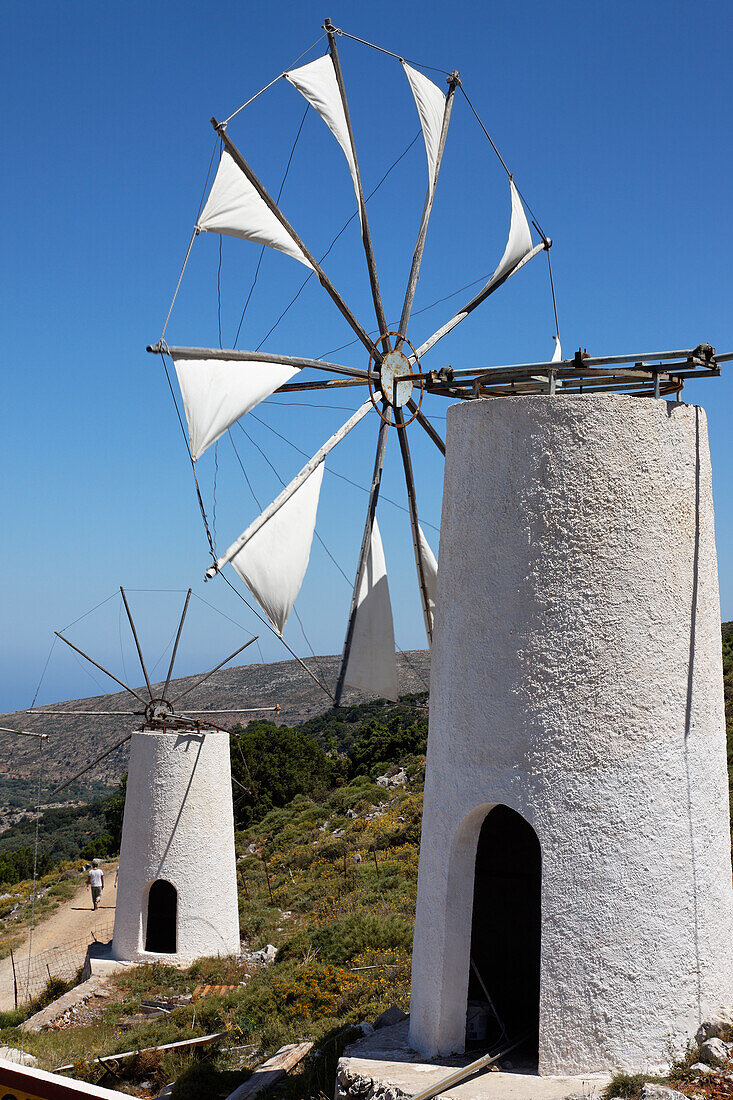 Windmills with sails, Lasithi Plateau, Prefecture Lasithi, Crete, Greece