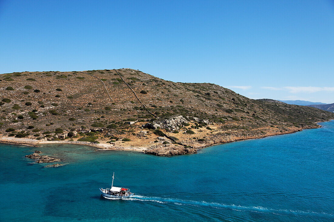 Excursion boat, Island of Spinalonga, Lasithi prefecture, Gulf of Mirabella, Crete, Greece